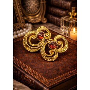 Vintage Art Nouveau Style Gold Tone Cabochon Clip Earrings Scroll Design